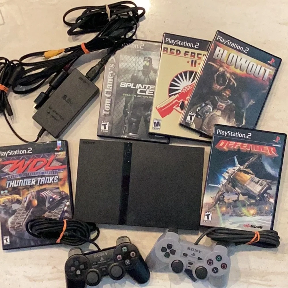 PlayStation 2 Slim Console PS2 & 2 Controllers & 5 Games Complete OEM Sony